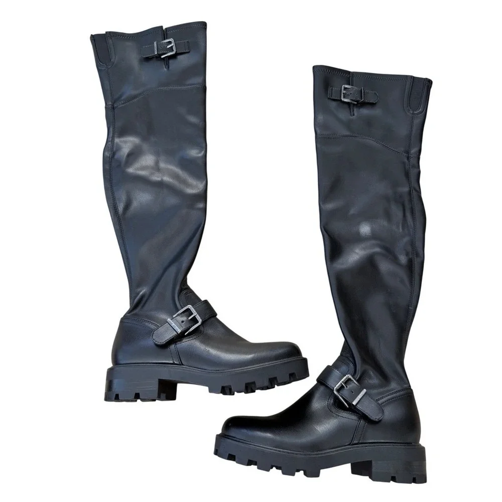 Marc fisher LTD Over The Knee Lug Sole Moto Boots Black Buckle Size 5.5 Side Zip